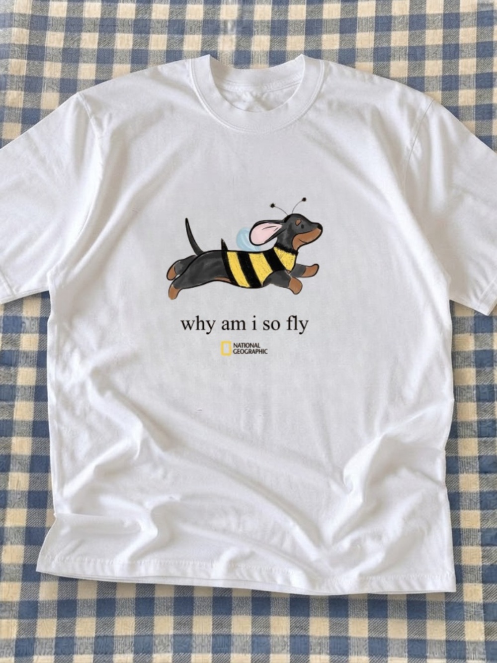 National Geographic White Tee with Playful Dachshund Bee Graphic